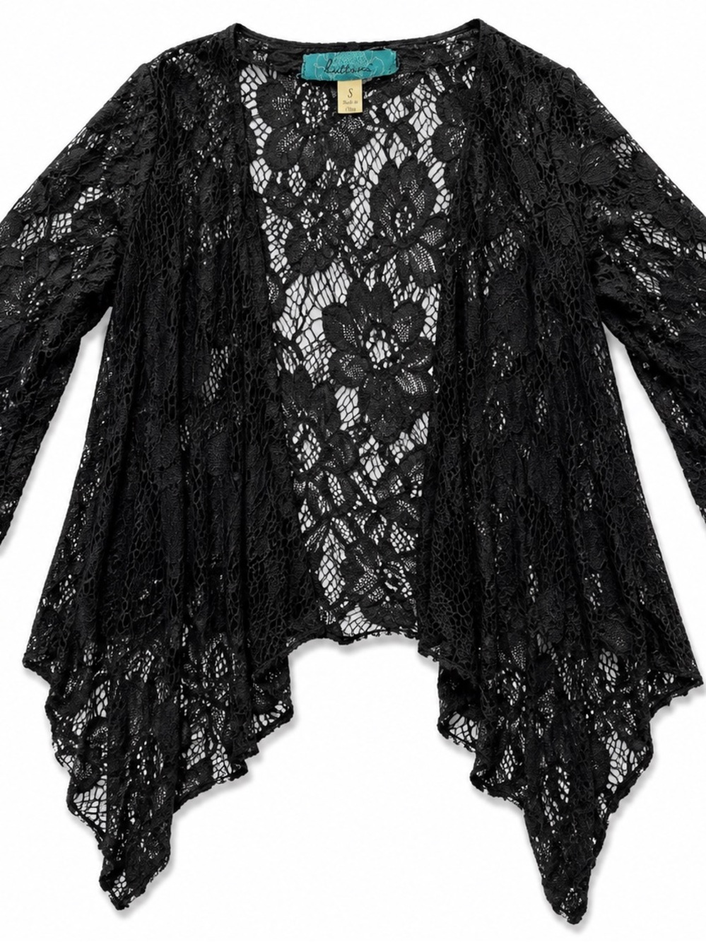 Buttons Black Lace Sheer Kimono Cardigan Size Small Boho Floral Cover-Up
